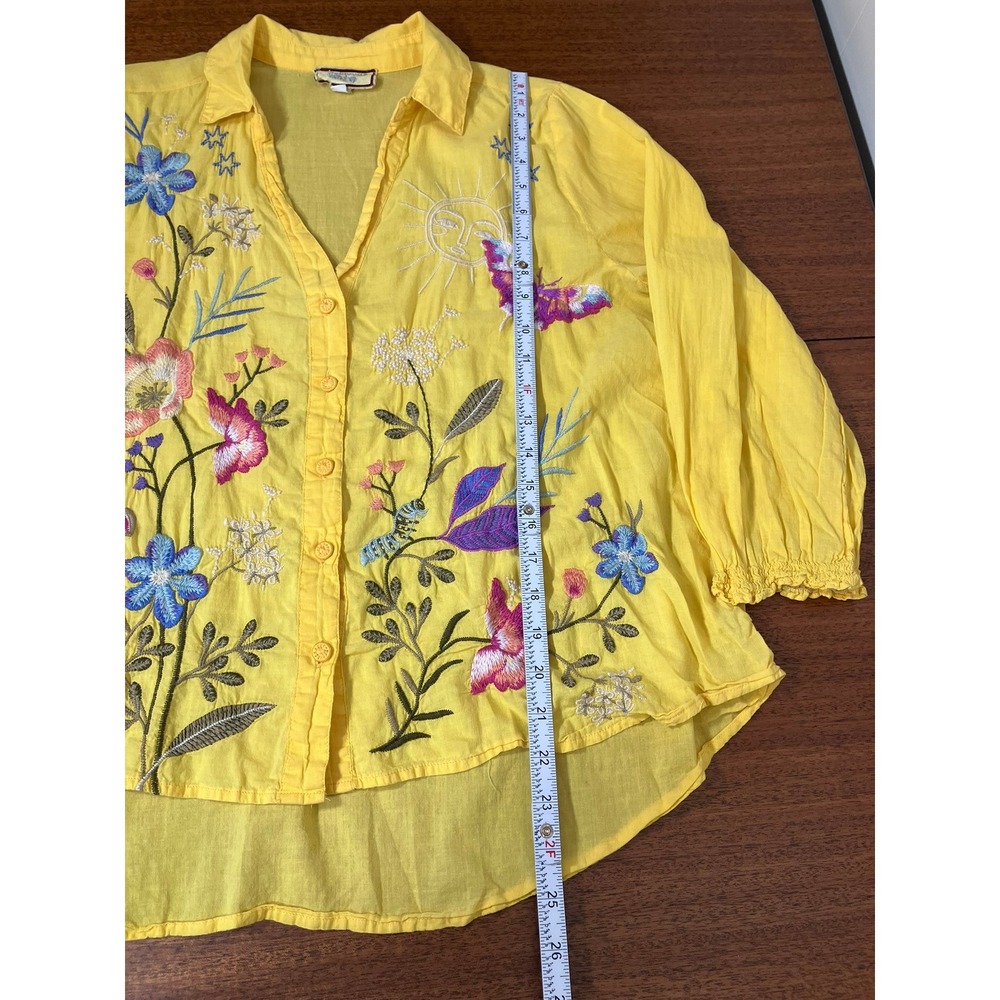 Johnny Was Workshop Yellow Cotton Embroidered Floral Sun Butterfly Shirt Small - Picture 7 of 16